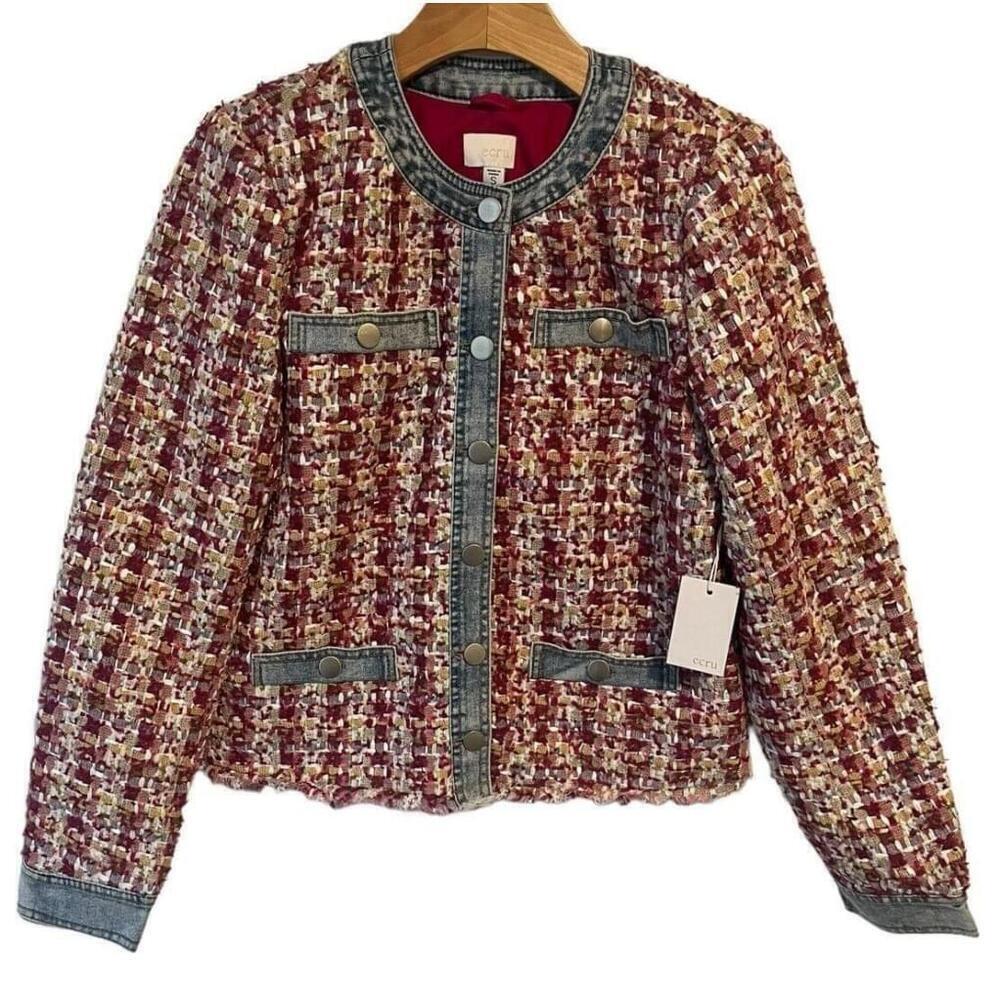 Ecru Womens Small Tweed Knit Button Up Jacket Beetroot - Picture 2 of 13
